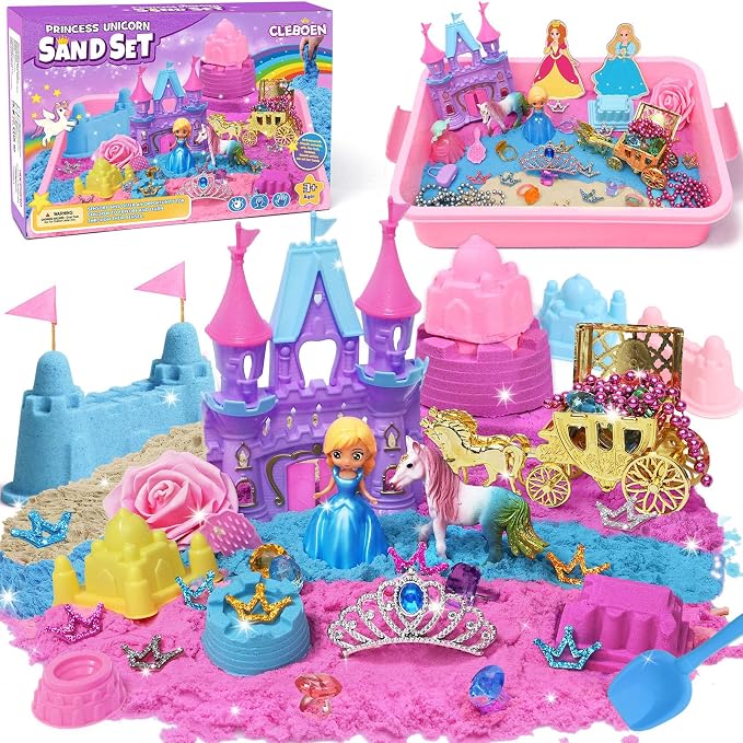 TUZT Princess Unicorn Sensory Bin Sandbox for Girl Kid Toys, 2lbs Color Sensory Sand & 6 Castle Molds & Play Kits, Sand Box Toys for Kids Girls Toddlers 3 4 5 6 7 8 Christmas Birthday Gift