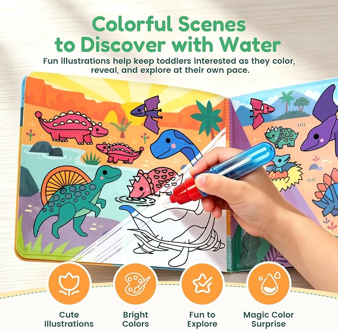 JoyCat Paint with Water Coloring Book for Toddlers, Reusable (Dinosaur) | Water Coloring Books with Water Pens, No Mess Travel Toy for Kids to Develop Creativity,Educational Learning Kits Gifts
