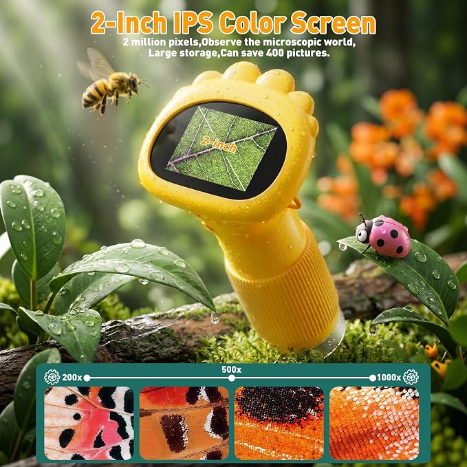 4K 1000X Digital Microscope for Kids with 2.0" IPS Screen(Yellow) | Portable Handheld Toys, 200-1000X Magnification for Kids Age 3-12, STEM Educational Toy Birthday Gifts for Girls Boys