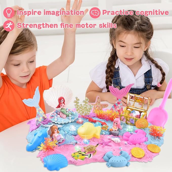 Volmop Sensory Bin for Girl, Play Sand Art Kit with Sandbox, 3.3lb Color Sand, Mermaid Tactile Sensory, Christmas Birthday Gift for Girl Toddler Ages 3-8