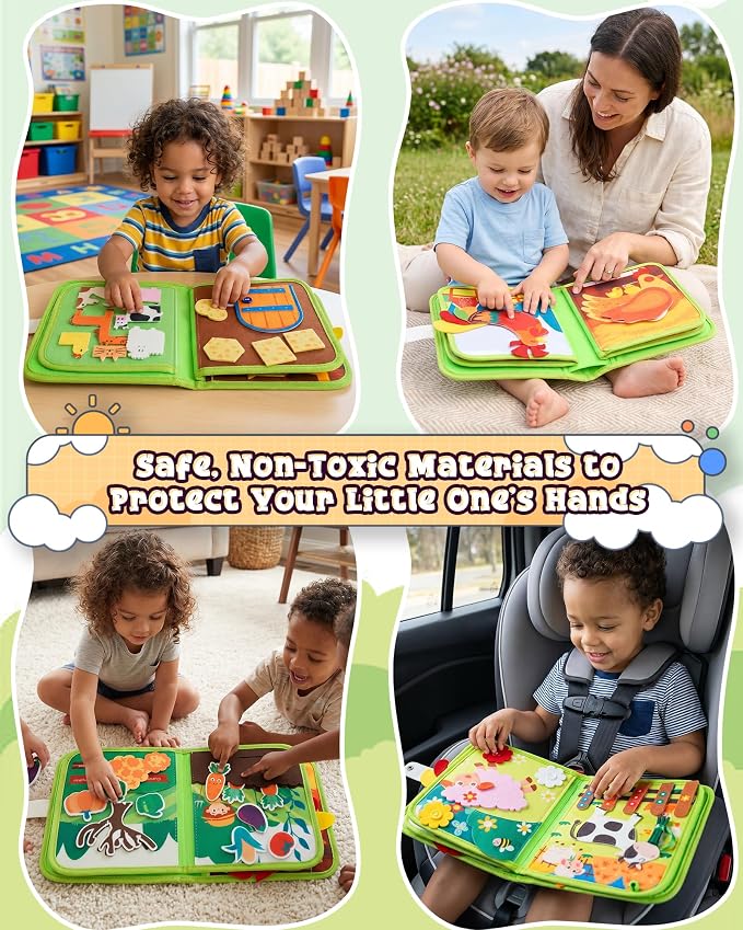 Montessori Busy Book for Toddlers, 8-Page Sensory Activity Book for Fine Motor Skills & Basic Dress Learning, Portable Travel Toy for Preschool Kids, Birthday Gift for Boys and Girls (Farm)