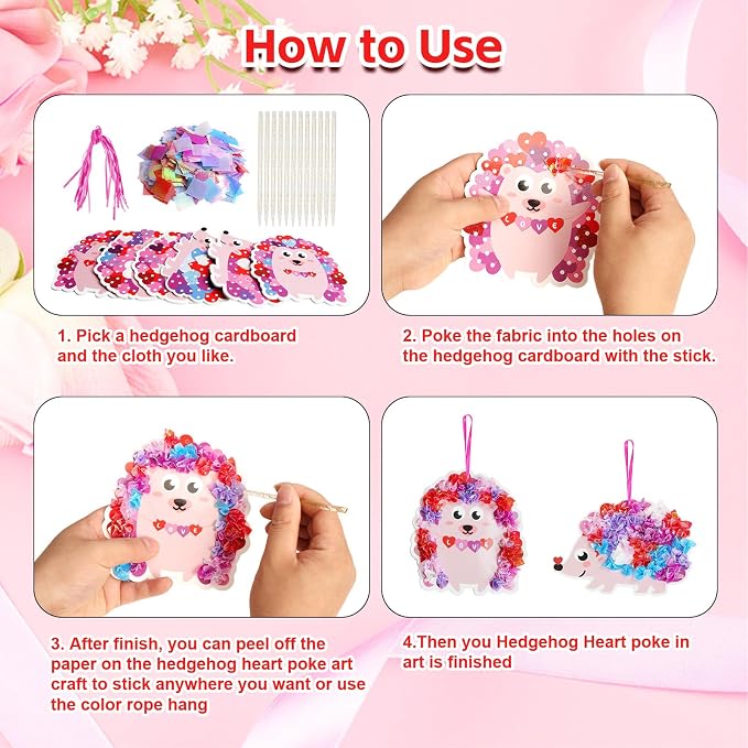Fennoral 24 Pack Valentine's Day Craft Kits for Kids Make You Own Hedgehog Heart Poke in Art and Craft with Card DIY for Valentines Day Gift for Kids Classroom Activities Party Decoration