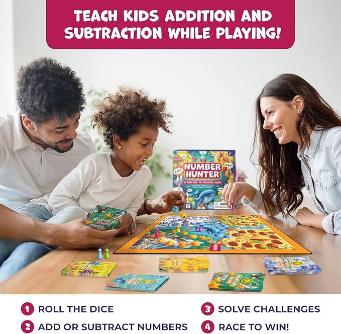 Number Hunter Math Board Game for Kids 5-7, 1st Grade & Kindergarten | Addition and subtraction game, STEM toy for 5+ year old, homeschool essentials, classroom learning, family game night