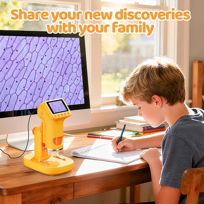 1600X Microscope for Kids, 2.0" Screen Kids Microscopes with Slides Kit Microscope for Toddlers Christmas Birthday Gifts Toys for 3-14 Year Old Children Students (Yelllow)