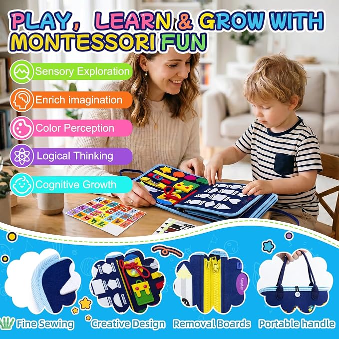 Montessori Busy Board for Toddlers, 8 Pages 30+ Activities Sensory Toy, Toddler Learning Toys with ABC Numbers Shapes, Travel Toy, Preschool Educational Gift for Boys Girls, Blue Dinosaur