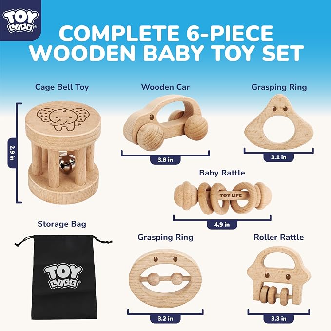 TOY Life Wooden Toys Cars, Montessori Baby Toys 6-12 Months, Wooden Baby Toys Rattle Cars for Toddlers 1-3, Baby Boy Nursery Decor, Montessori Toys for 1 Year Old Boy (6 PCS Rattle Set)