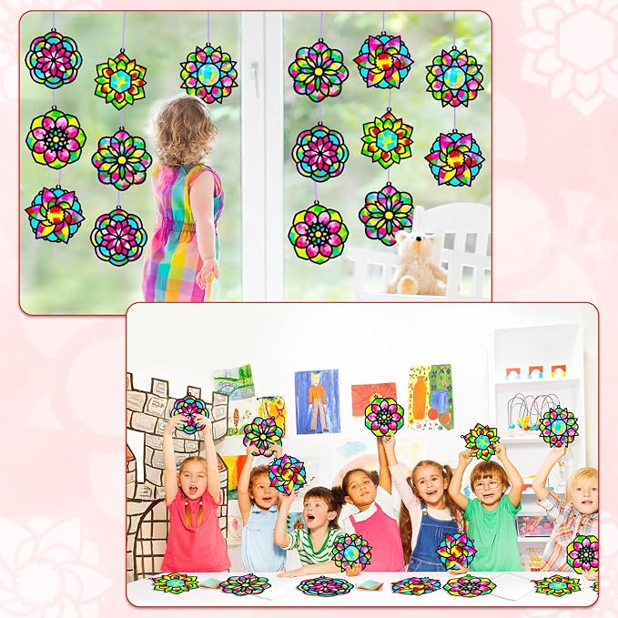Qyeahkj 36 Set Mandala Suncatchers Crafts for Kids DIY Mandala Window Tissue Paper Craft Kit Art Flower Hanging Decor for Summer Home Activity Art Project Birthday Party Favor Gift