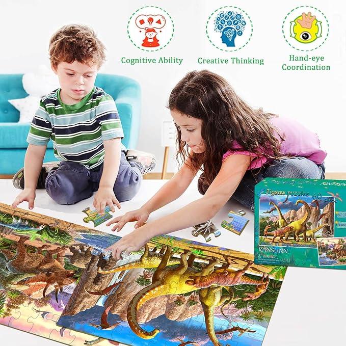 Dinosaur Puzzles for Kids Ages 6-8 4-6 Year Old - World of Huge Dinosaurs | 2 Packs 60 Pieces Jigsaw Puzzle for Toddler Children Learning Educational Puzzles Toys for Boys and Girls.
