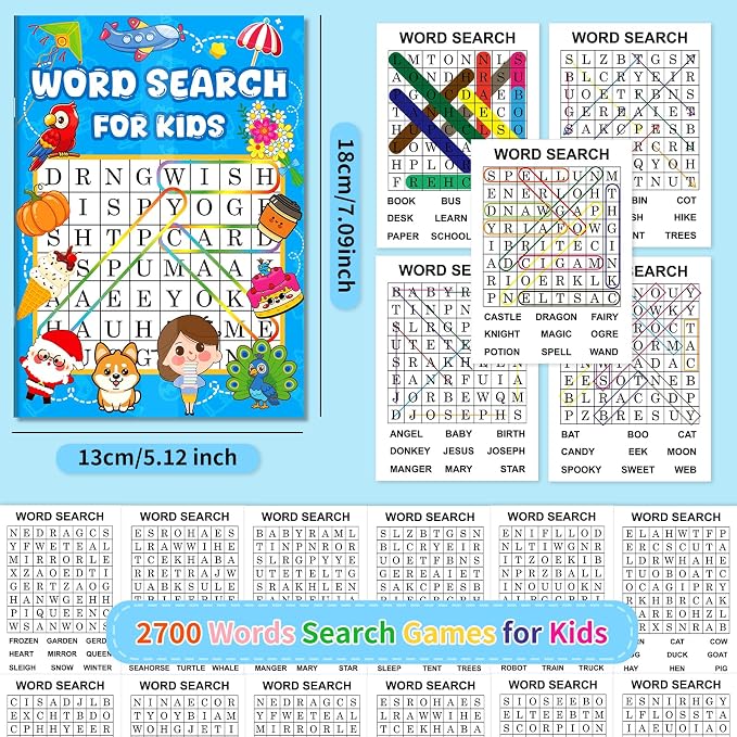 Elfew 20 Pack Bulk Small Word Search Puzzle Books for Kids Ages 4-8 8-10 | Over 2500+ Words, Answer Keys Included, Educational Vocabulary Activity Workbooks, Travel Screen Free Learning Games