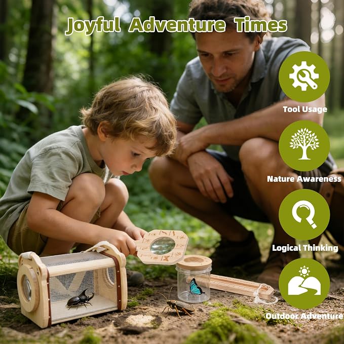 11Pcs Wooden Bug Catcher for Kids, Outdoor Explorer Bug Catching Kit | Butterfly Net for Kids with Bug Habitat, Magnifying Glass & STEM Guide, Adventure Set for Backyard & Camping 3+ Years