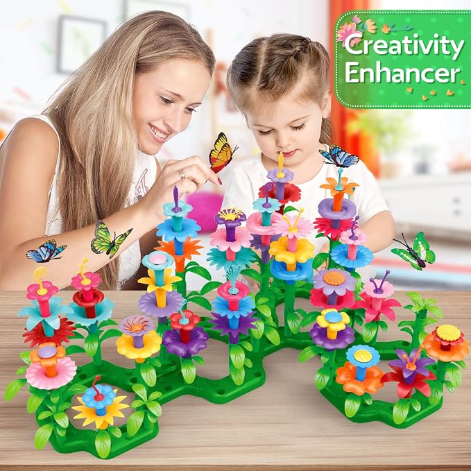 YEEBAY Flower Garden Building Toys for Girls Age 3, 4, 5, 6, 7 Year Old - STEM Gardening Toys for Kids - Stacking Game for Toddlers Play Set - Educational Activity for Preschool (148 PCS) | Flower Stacking Toy with Washable Pieces, Portable Box and Gif...