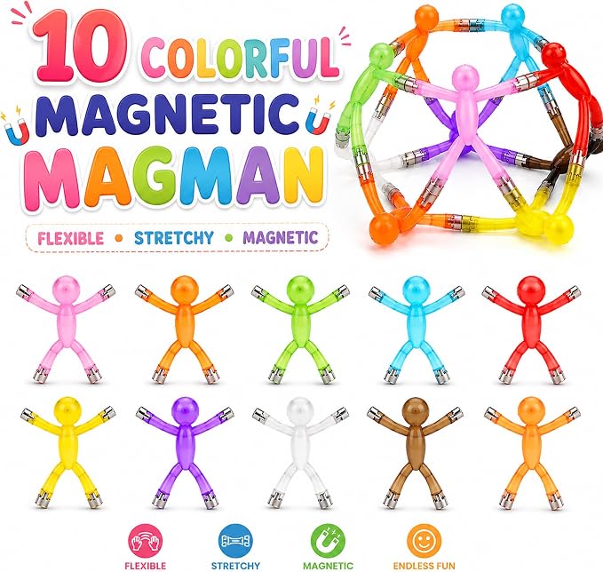 Travel Toys for Kids Ages 3-8, 10 PCS Magnetic Men Figures, Airplane Toy, Road Trip Activities, Sensory Fidget Toys, STEM Building Set, Quiet Screen-Free Toy for Car, Restaurant & Classroom