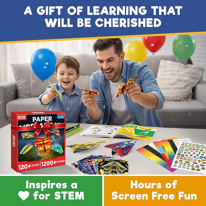 Doctor Jupiter Paper Airplane Book Kit for Kids Ages 4+, Craft Toy | Birthday Gift Ideas for Boys & Girls Ages 4,5,6,7,8,9,10, Origami Kit, STEM Learning Toy, 120+ Planes, 1200+ Stickers