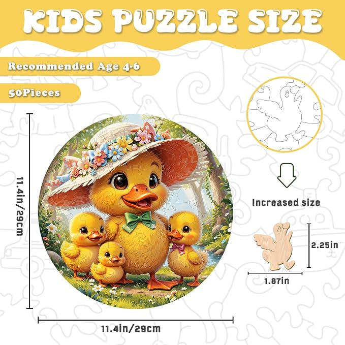 Animal Wooden Puzzles for Kids - Family Duck | 50 Piece Puzzles for Kids Ages 6-8, Kids Puzzles with Unique Animal Shapes, Round Gift for Girls and Boys (11.4 * 11.4 in)