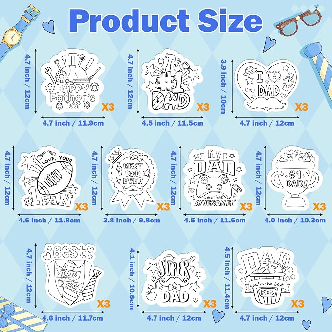 Father's Day Coloring Arts Crafts Kits - 30Pcs Color Your Own Happy Father's Day Magnets for Kids DIY Beard Trophy Coloring Magnets for Holiday Party Fridge Refrigerator School Activities Decorations