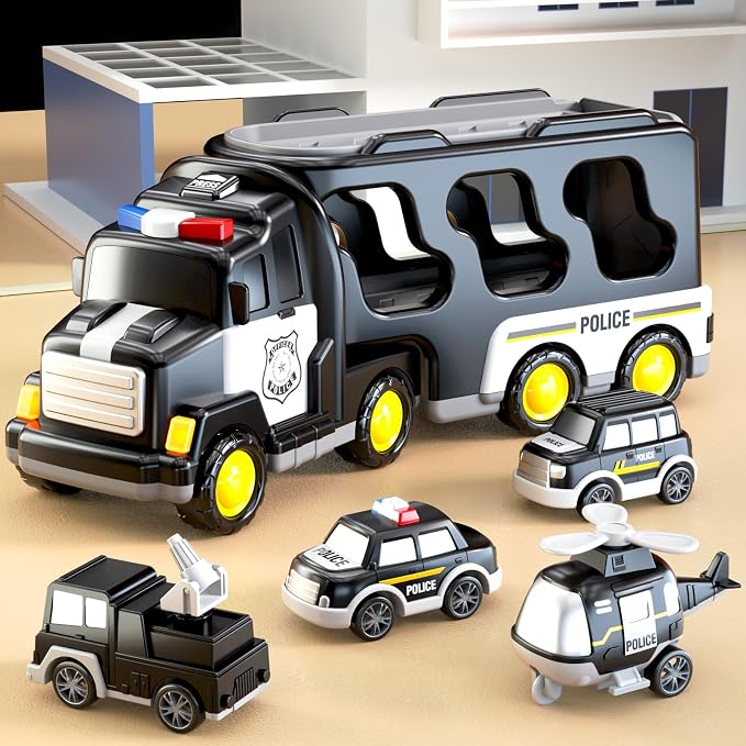 Beby Buty 5 in 1 Police Trucks Cars Toys for Toddlers 3-5, Boy Toddler Car Truck Toys with Light Sound, Birthday Gifts Toys for 3 4 5 6 Year Old Boy, Transport Carrier Truck for Toddlers 3-5 Years
