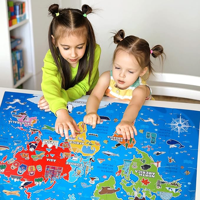 Jumbo Floor Puzzle for Kids,48-Piece World Map Jigsaw Puzzle Ages 3-8 | Discover 7 Continents,Oceans,Animals and Landmarks;Extra-thick Cardboard,35x24 in Completed,Preschool Gift for Boys and Girls