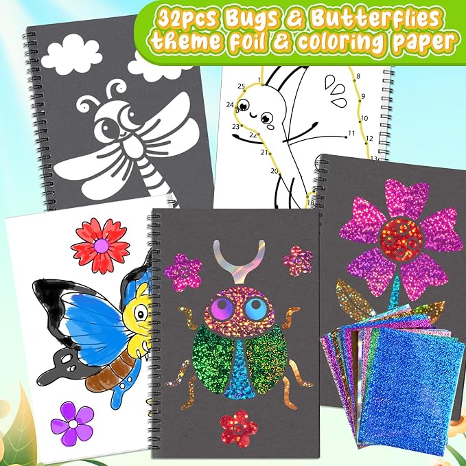 Foil Craft Bugs Butterfly DIY Art Fun Kits Set, No Mess Creative Foil Art Drawing Game for Kids, Birthday Gifts Crafts Supplies Travel Toys for Girls Boys Ages 4-9