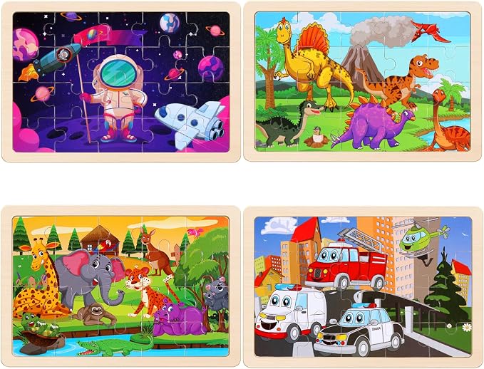 Wooden Puzzles Toys for Kids Ages 3-5, Set of 4 Packs Dinosaur, Space, Transportation Wood Puzzles, Preschool Brain Teaser Toys for Boys and Girls 3 4 5 6 Years Old