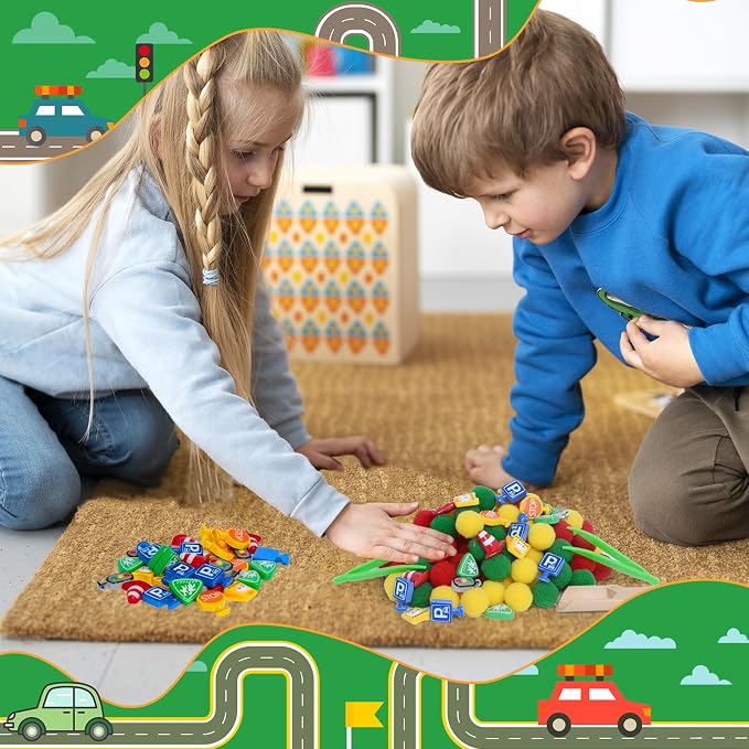 169pcs Traffic Signs Sensory Bin Filler Fine Motor Toys Traffic-themed Sensory Bin Items Traffic Light Stop Sign Traffic Cones Parking Sign Crosswalk Pom Poms for Preschool Color Counting Sorting