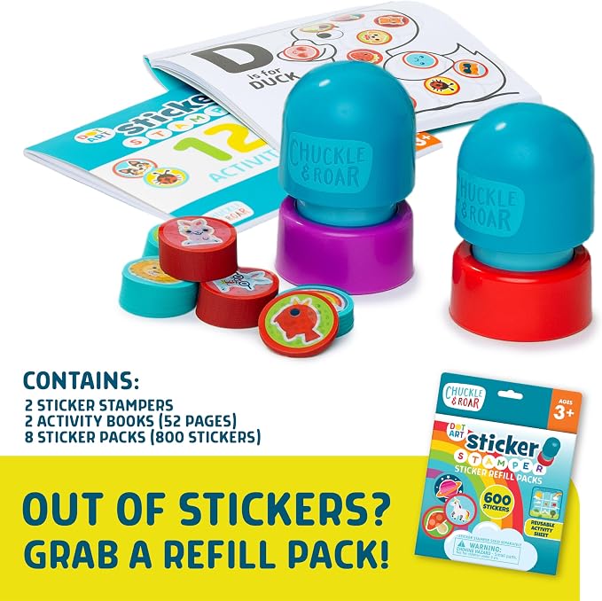 Chuckle & Roar Mega Sticker Stamper Activity Kit with 800 Stickers, 2 Activity Books (ABC & 123) & 2 Reusable Stampers – Arts & Crafts, Learning, Travel Toy for Kids Ages 3+