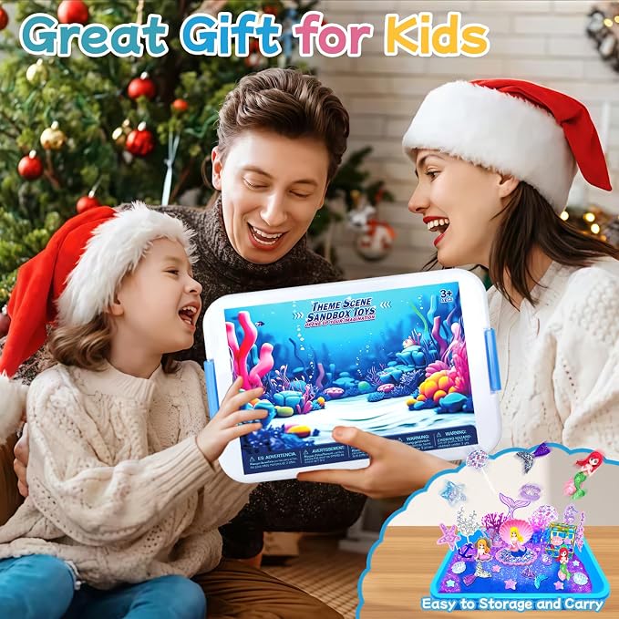 Mermaid Sensory Bin, Sandbox Play Sand Art Kit for Girls Boys 3 4 5 6 7 8 | Sensory Bin with Sandbox & Accessories & Tools & Colorful Sea Shell Gems Toys Set, Indoor Outdoor Pretend Play Beach Toy