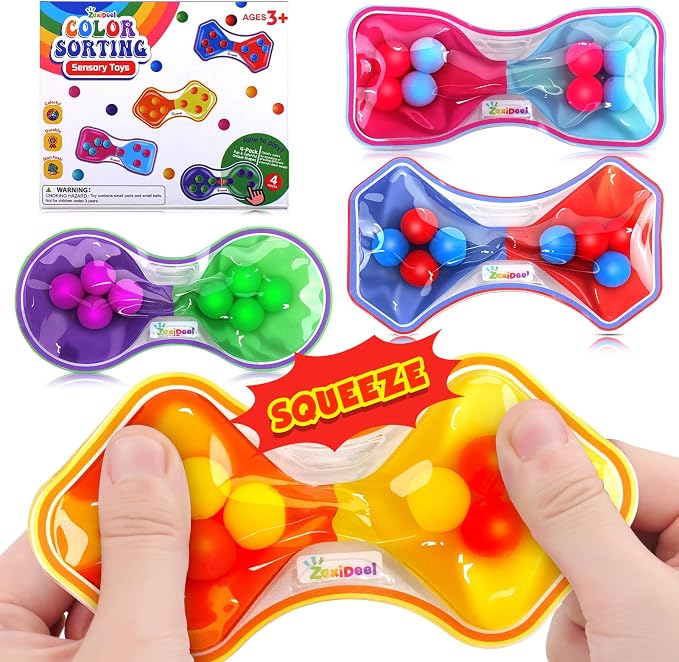 Sensory Fidget Toys for Kids Toddler: 4 Pack Color Sorting Squeeze Toys | Quiet Fidget Toys for Student Classroom - Sensory Calming Toys for ADHD Autism - Goodie Bags Stuffers
