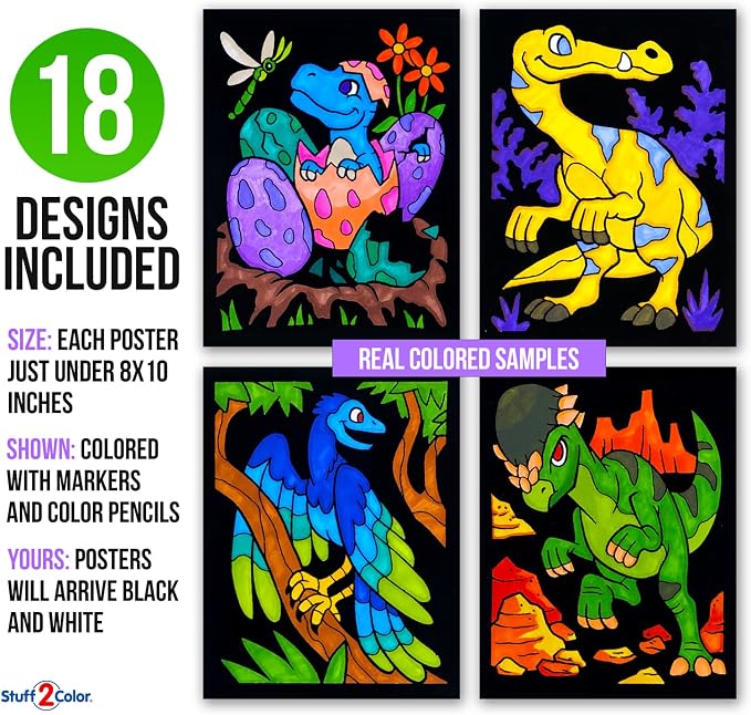 Super Pack of 18 Fuzzy Velvet Coloring Posters (Dinosaurs Edition) - Arts & Crafts for Boys and Girls - Great for After School, Travel, Quiet Time, Group Activities, Family and Coloring with Friends
