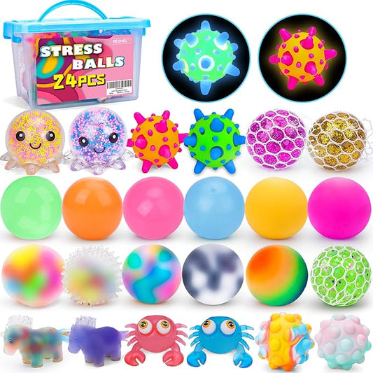 24 Pack Stress Balls, Squishy Balls, Squeeze Balls for Adults | Stress Relief Balls, Prize Box Stuffers, Party Favors