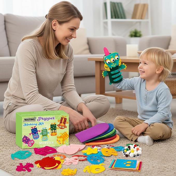 WATINC Hand Puppet Making Kit, Felt Sock Puppet Toys for Kids (Monster A) | 6 Styles, Make Your Own Storytelling & Role Play Crafts, Creative Group Activity, Party Favors & Gifts for Kids Ages 4-8