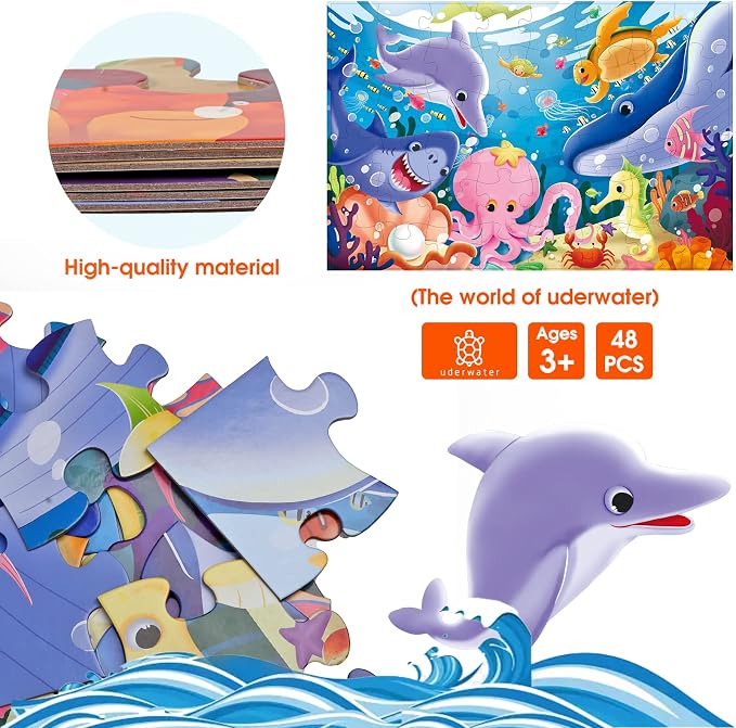 Jumbo Floor Puzzle for Kids,48 Piece Underwater Jigsaw Puzzle Ages 3-8 | Underwater Animal Puzzle,Extra-thick Cardboard,Preschool Learning Toy,35x24 in Completed,Educational Gift for Boys and Girls