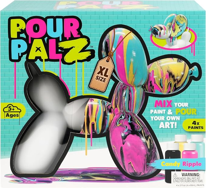 DIY Paint Pouring Kit – 1 XL Balloon Dog, 4 Acrylic Pour Paints, Mixing Cups & Tools, Create Unique Marbled Art, Fun Hands-On Craft Kit for Kids & Adults, Candy Ripple, Ages 5+