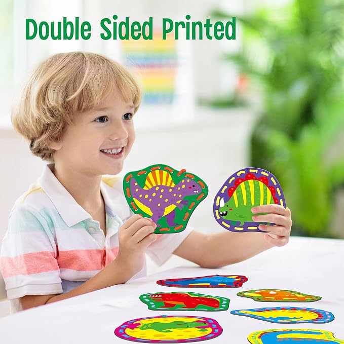 SpriteGru 9 Pieces Kids Lacing Cards, Double Sided Sewing Cards in 9 Dinosaurs with 9 Colorful Laces, Imagination Development Lacing Toys Games for Children Educational and Learning Activity