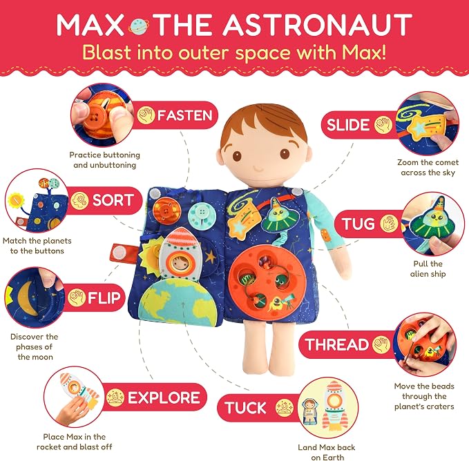 Max the Astronaut – 2-in-1 Soft Activity Doll & Busy Book | Screen-Free Travel Plush Toy with Tethered Pieces for Toddlers and Preschoolers ages 1–4 by Aleni Brands