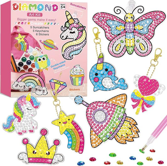 BANBBUR 16 Pcs Gem Art for Kids Ages 4-8 8-12, Kids Diamond Art and Crafts | Gem Art Kit with 5 Suncatchers/5 Keychains/6 Stickers,Christmas Crafts for Kids,Birthday Gifts Christmas Stocking Stuffers