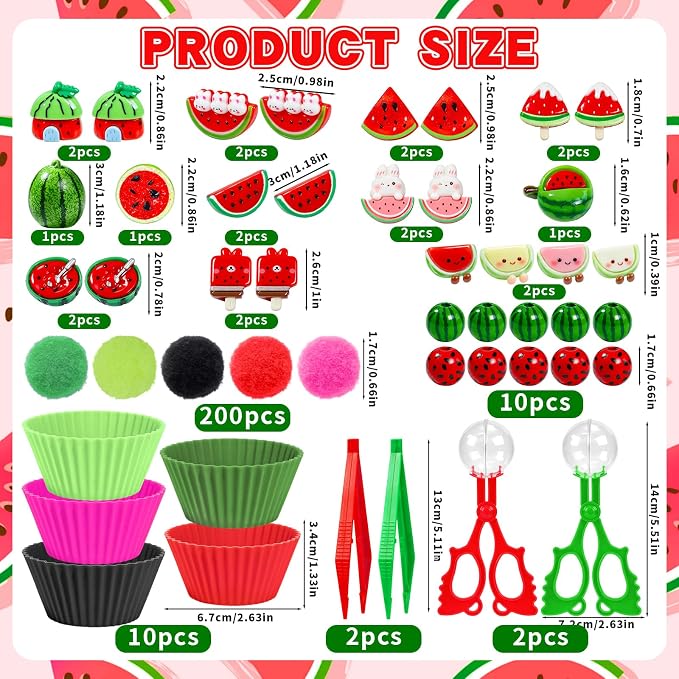 Watermelon Sensory Bin Filler-301Pcs Summer Fruit Fine Motor Sensory Bin Item Includes Tweezers Scissor Pom Poms Watermelon Resin for Summer Decor Counting Motor Skills Development
