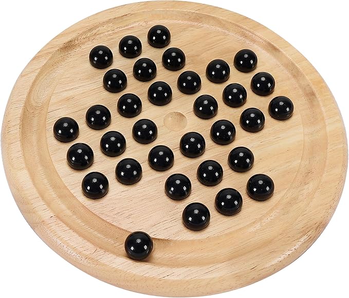 Offelec Wooden Solitaire Board Game with 33 Piece Black Glass Marbles Classic One Player Gameplay Strategy Puzzle Board Games Kids & Adults Fun Family Tabletop Toys, Birthday Gift,Table Games