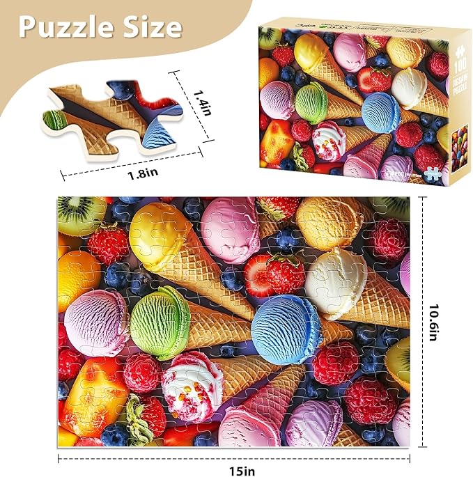 Jeaiciro 100 Piece Puzzles for Kids Ages 6-8 & 8-10, Delicious Ice Cream Jigsaw Puzzle, Educational Kids Puzzle, Large Piece Puzzles for Adults, Fun Family Activity 11 * 15in