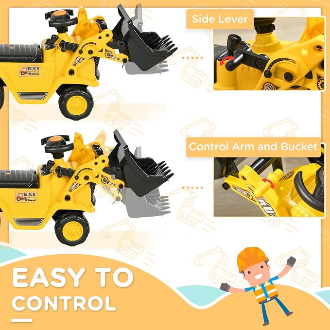 HOMCOM Ride On Excavator Ride On Bulldozer with Horn, Under Seat Storage | Kids Bulldozer Pull Cart, Sit and Scoot, Pretend Play Toy Construction Car, Ages 18-48 Months