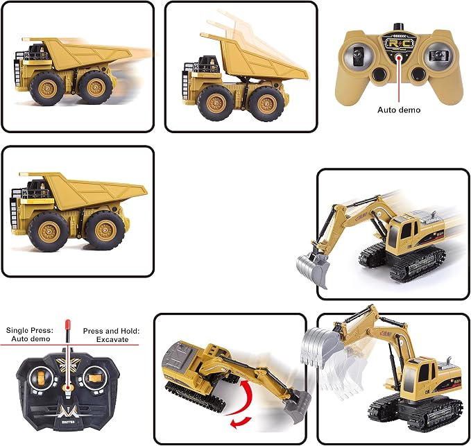JOYIN 2 PCS Remote Control Construction Vehicle Toy Set, Friction-Powered RC Excavator & RC Dump Truck with Lights and Sounds for Imaginative Play, Birthday Gifts for Boys Girls