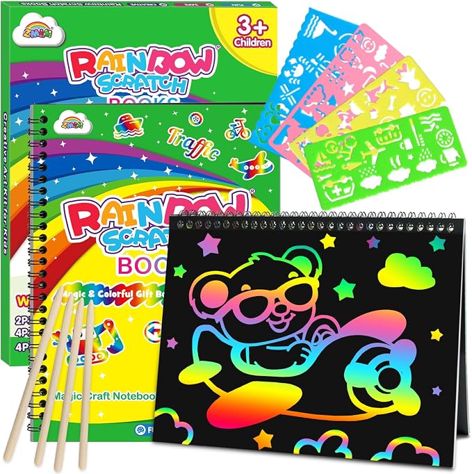 ZMLM Scratch Paper Art-Crafts Gift: 2 Pack Rainbow Notebooks Supplies Toys | Art Crafts for 3 4 5 6 7 8 9 10 11 12 Years Old Girls and Boys Kids Birthday Christmas Party Travel Games Activities Traffic