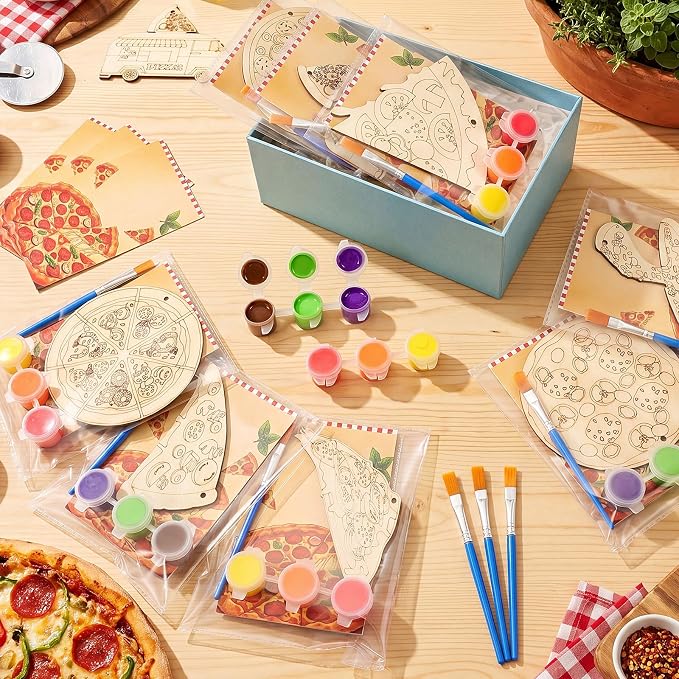 Saypacck 24 Pcs Party Favors Wooden Painting Craft Kits Birthday Party Supplies with Organza Bag for Goodie Bags Fillers Adult Thank You Gifts(Pizza)