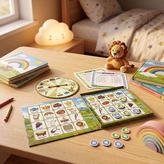 Travofun Magnetic Bible Story Spin & Seek Bingo Game for Kids Ages 3-8 | Portable Christian Learning Toy with Spinner & Question Cards | Interactive Travel Game for Road Trip