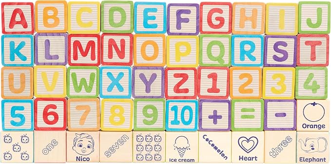CoComelon 51-piece Classic ABC Wooden Block Set, Preschool Building Toys, Learning and Education, Kids Toys for Ages 18 Month, Amazon Exclusive by Just Play