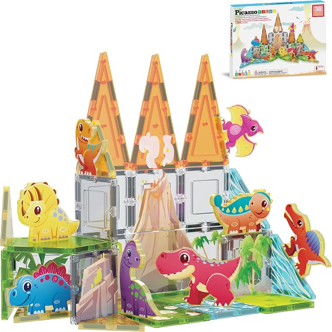 PicassoTiles Dinosaur Magnetic Tiles, STEM Building Blocks Toy Set Ages 3+ | 38 pieces, 8 action figures, vibrant Jurassic world, screen-free activity, color shape recognition, durable BPA-free plastic