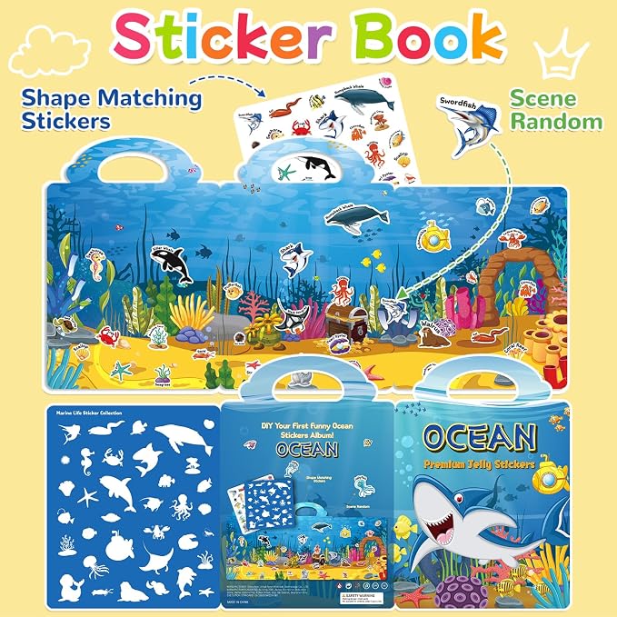 Reusable Sticker Book for Toddlers 3-6, Jelly Stickers for Kids, Sticker Activity Book Travel Toys for Car & Airplane, Educational Learning Gifts for Boys and Girls Ages (Ocean Theme)