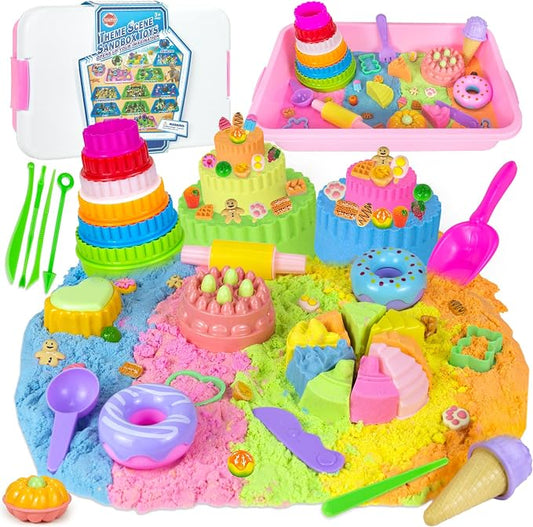 YongnKids Sensory Bin Cake & Ice Cream Sandbox w/Lid for Kids Girls Age 3+ | Play Sand Art Kit with 2.2lb Color Magic Sands,56p Senory Sand Bin- Cake Molds Tools Fun Gift Pretend Play Toys for Kids