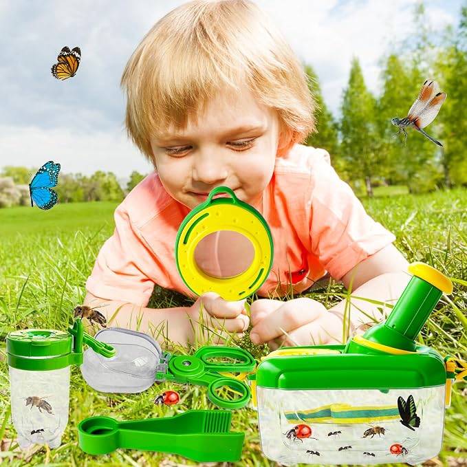 Bug Catcher Kit for Kids,8 Pcs Kids Bug Habitat with Bug Collector Butterfly Net Magnifying Glass Binoculars Tweezer Hats,Outdoor Explorer Kit for Boys Girls 3-12 Years Old