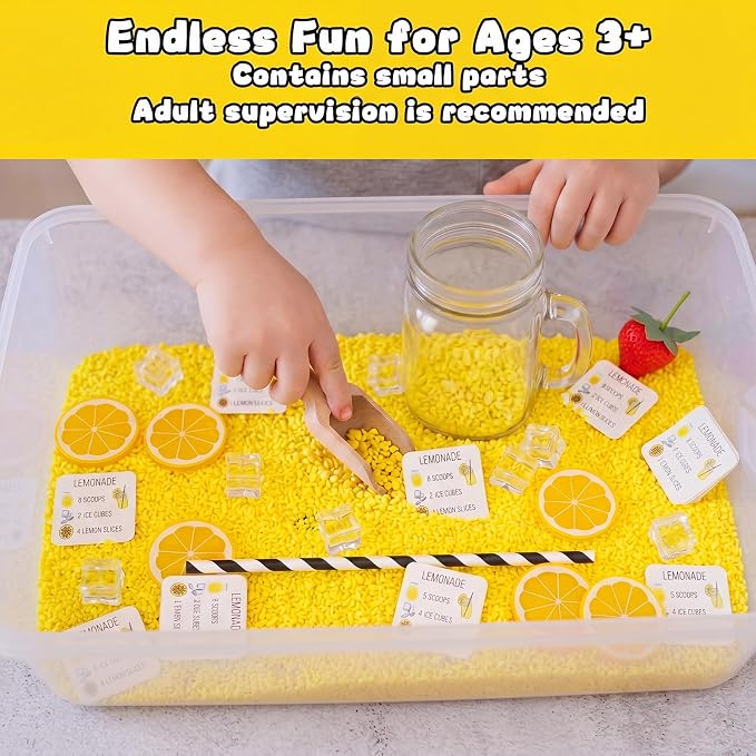 Beeveer 39 Pcs Lemonade Sensory Bin for Kids Summer Sensory Set with Box Yellow Rice Filler Fake Lemon Slices Cubes Cards Strawberry Jar Straw Spoon for Toddlers Gifts Summer Counting Sorting Tools