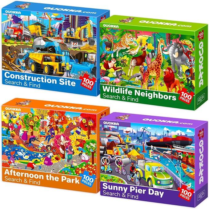 100 Piece Puzzles for Kids Ages 6-8 - 4 Jigsaw Kids Puzzles Ages 4-6 | Search and Find Animals and Construction Vehicles - Kids Puzzles Ages 5-8 - Educational Game Toy for Children Ages 8-10